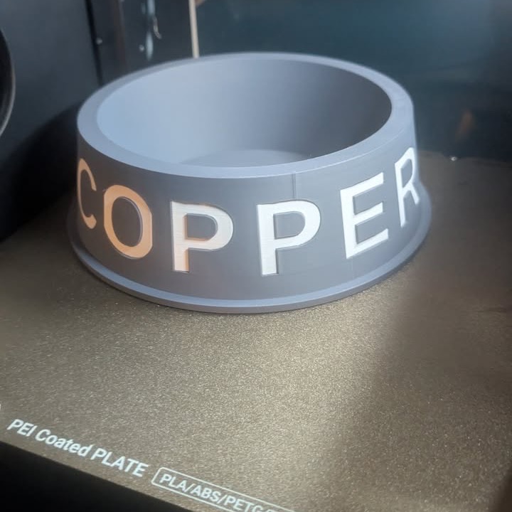 3D printed personalized dog bowl with the pet's name in raised two-tone letters